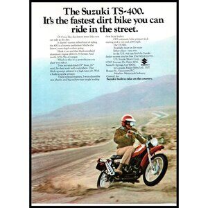 1972 Suzuki TS-400 Enduro Dirk Bike Vintage Print Ad Desert Highway Wall Art